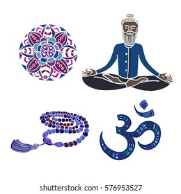 Hand drawn vector set of yoga elements. Beardy man meditating in lotus pose, beads, mandala image and om symbol. Ornamental cartoon style which is ideal for print,  web design, book illustration.