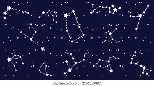 Hand drawn vector. Set of zodiac stars isolated on white dot and dark blue background. Space and galaxy constellation. Illustration of the horoscope signs.