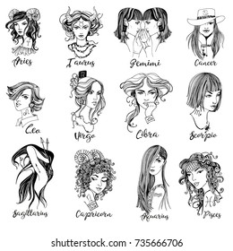 Hand drawn vector set of zodiac girls