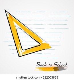Hand drawn vector setsquare ruler and piece of paper from notebook in lines on light background.
