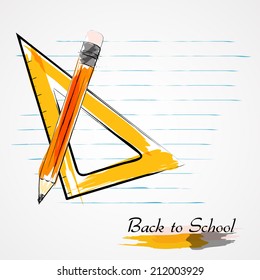 Hand drawn vector setsquare ruler and pencil, and piece of paper from notebook in lines on light background.