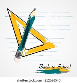 Hand drawn vector setsquare ruler, pencil and piece of paper from notebook in lines on light background.