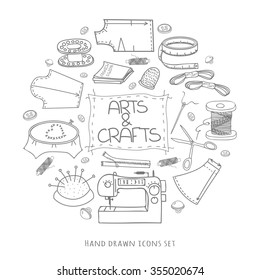 Hand drawn vector sewing, needlework, knitting icons set Sewing doodle collection illustration Hand made craft supplies Accessories for sewing Vector sewing equipment Arts and crafts Tailor tools 