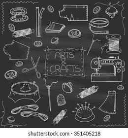 Hand drawn vector sewing set, sewing doodle collection illustration, hand made craft supplies and accessories for sewing on black background. Vector sewing equipment, arts and crafts