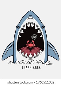 Hand drawn vector shark illustration with a cute crab  for t-shirt prints, posters and other uses.