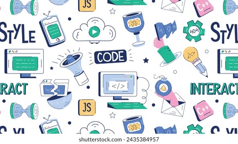 Vector dibujado a mano que muestra conceptos de servicios de programación, errores de código y proceso de desarrollo 