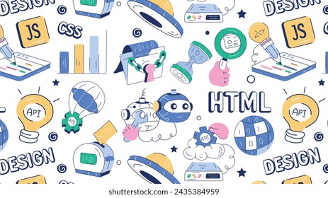 Hand drawn vector showing concepts of programming services, code errors, and development process 