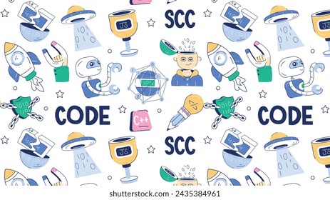 Hand drawn vector showing concepts of programming services, code errors, and development process 