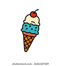 A hand drawn vector shows a doodle of an ice cream cone with two scoops, topped with a cherry. The cone has a waffle pattern design
