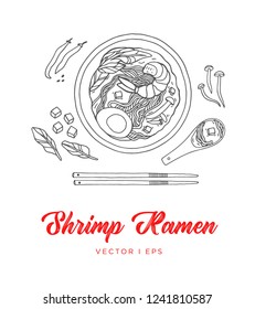 Hand drawn vector shrimp Ramen noodles soup sketch, made of mushroom, egg, tofu and spinach, chili. Asian seafood noodle soup with oriental spoon, simple line drawing menu decoration.