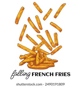 Hand drawn vector side view french fries. Tasty yellow orange crispy fries with outline, fill, details in separate groups. This asset is ready to use and easy to edit. 