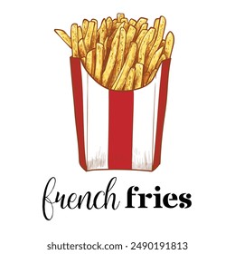 Hand drawn vector side view french fries. Tasty yellow orange crispy fries in a red and white striped box with outline, fill, details in separate groups. This asset is ready to use and easy to edit. 