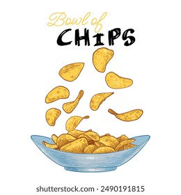 Hand drawn vector side view chips in a bowl. Crisps with outline, fill, details in separate groups. This asset is ready to use and easy to edit. 