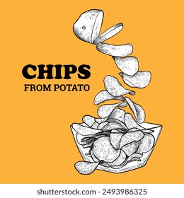 Hand drawn vector side view crisps from potato to bowl. Crunchy chips with black outline, white fill in separate groups on orange background. This asset is ready to use and easy to edit. 