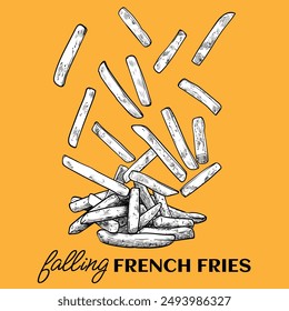 Hand drawn vector side view french fries. Tasty crispy fries with black outline, white fill in separate groups on orange background. This asset is ready to use and easy to edit. 