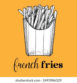 Hand drawn vector side view french fries. Crispy fries in a striped box with black outline, white fill in separate groups on orange background. This asset is ready to use and easy to edit. 