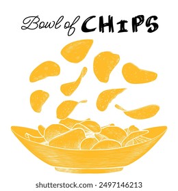 Hand drawn vector side view chips in a bowl. Crisps with yellow flat fill on white background. This asset is ready to use and easy to edit. The vector is one united shape. 