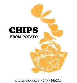 Hand drawn vector side view crisps from potato to bowl. Crunchy chips with yellow flat fill on white background. This asset is ready to use and easy to edit. The vector is one united shape.