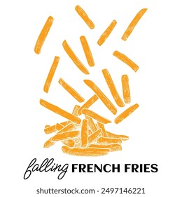 Hand drawn vector side view french fries. Tasty crispy fries with yellow flat fill white background. This asset is ready to use and easy to edit. The vector is one united shape.