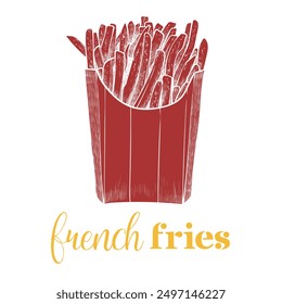 Hand drawn vector side view french fries. Crispy fries in a box with dark red flat fill on white background. This asset is ready to use and easy to edit. The vector is one united shape.