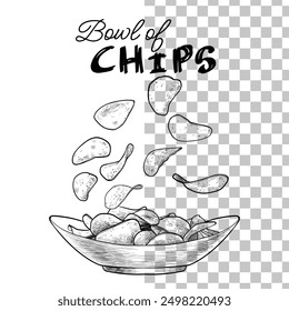 Hand drawn vector side view chips in a bowl. Crisps with black outline, no fill, and fine details. This asset is ready to use and easy to edit. 