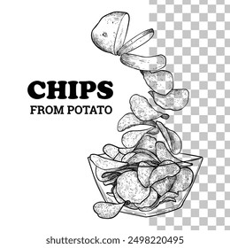 Hand drawn vector side view crisps from potato to bowl. Crunchy chips with black outline, no fill, and fine details. This asset is ready to use and easy to edit. 