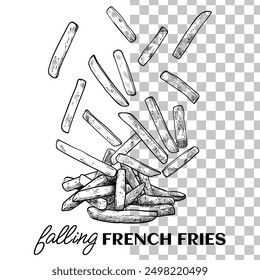 Hand drawn vector side view french fries. Tasty crispy fries with black outline, no fill, and fine details. This asset is ready to use and easy to edit. 