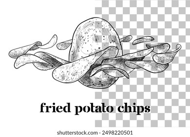 Hand drawn vector side view potato and chips. Floating chips around a potato with black outline, no fill, and fine details. This asset is ready to use and easy to edit. 