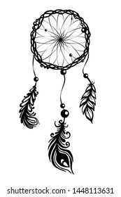 Hand drawn vector silhouette of black dream catcher and feathers on white background