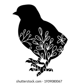 Handgezeichnete Vektor-Silhouette von Hühnern mit Blumenverzierungen. Stockillustration für Osterzeichen einzeln auf Weiß.