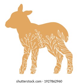 Hand drawn vector silhouette of lamb with floral ornament. Stock illustration of easter farm animal isolated on white.