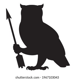Silueta vectorial dibujada a mano de búho con flecha aislada en blanco. Ilustración del logo de material de tiro con arco y pájaro.