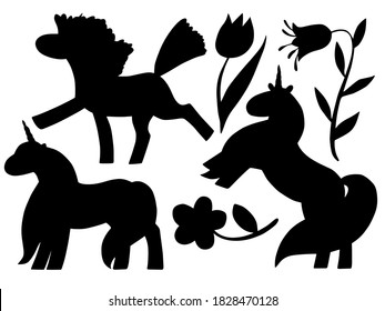 Hand drawn vector silhouette set of unicorns and flowers isolated on white background. Black and white  stock illustration of magic creature and plants.