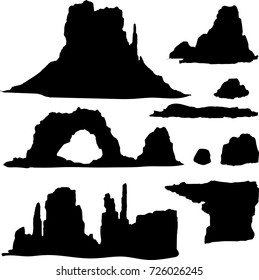 hand drawn vector silhouette set with canyon and stones of wild west and america. cowboy and vintage theme