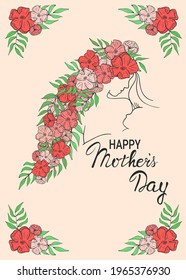 Hand drawn vector silhouette of Woman`s face, hair with flowers, baby in line art. Mother holding her newborn baby and looking at him. Lettering Happy Mother's Day. Motherhood card illustration