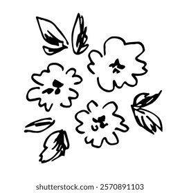 Hand drawn vector simple black outline sketch. Floral arrangement, flowers and leaves, nature and plants. Spring summer decor. Ink drawing, set.