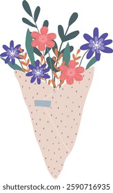 Hand drawn vector simple bouquet in flat style. Bunch of flowers in pastel colours. Spring illustration with leaves and petals