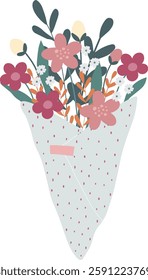 Hand drawn vector simple bouquet in flat style. Bunch of flowers in pastel colours. Spring illustration with leaves and petals