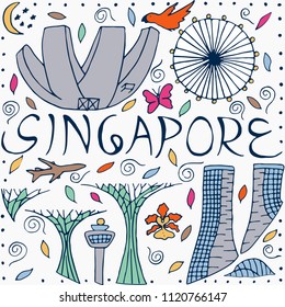 Hand drawn vector Singapore illustration. Culture and architecture of Singapore. 
