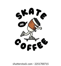 hand drawn vector skateboard and coffee