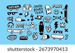 Hand drawn vector skateboard illustration. Include skateboards, peace hand sign, skull, hat, shoes, sunglasses, lightning and other elements.
