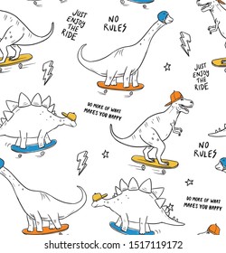 Hand drawn vector skater dinosaurs seamless pattern.