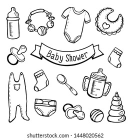 Hand Drawn Vector Sketch Of Baby Stuff: Clothes, Toys, Pacifiers, Bottles And Other Objects Isolated On White Background. Baby Shower Set.