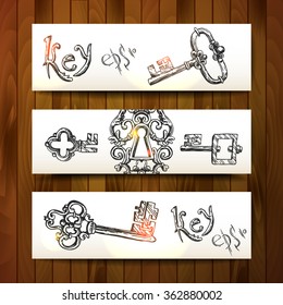Hand drawn vector sketch banners vintage key for your design