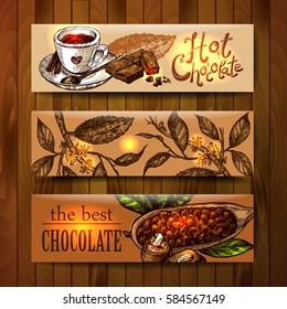 Hand drawn vector sketch banners with  illustration chocolate. Us for postcard, card, invitations and menu.