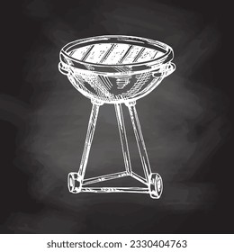 Esbozo vector dibujado a mano de parrilla barbacoa en el fondo de la pizarra. Ilustración de la cosecha de Doodle. Decoración para la carta de cafés y etiquetas. Imagen grabada.