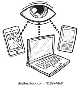 Hand drawn vector sketch of big brother's eye watching computers, mobile devices, and phones to indicate surveillance and lack of privacy.