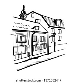 Hand drawn vector sketch. Black ans white illustration of houses isolated on white background.