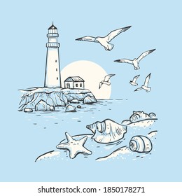 Hand drawn vector sketch with bottle, gulls, sun and lighthouse. Beach with seashells and sea star.  Marine romantic background. Design on a blue background for t-shirt print, postcard, poster, banner