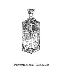 Hand Drawn Vector Sketch Bottle Of Whiskey On A White Background